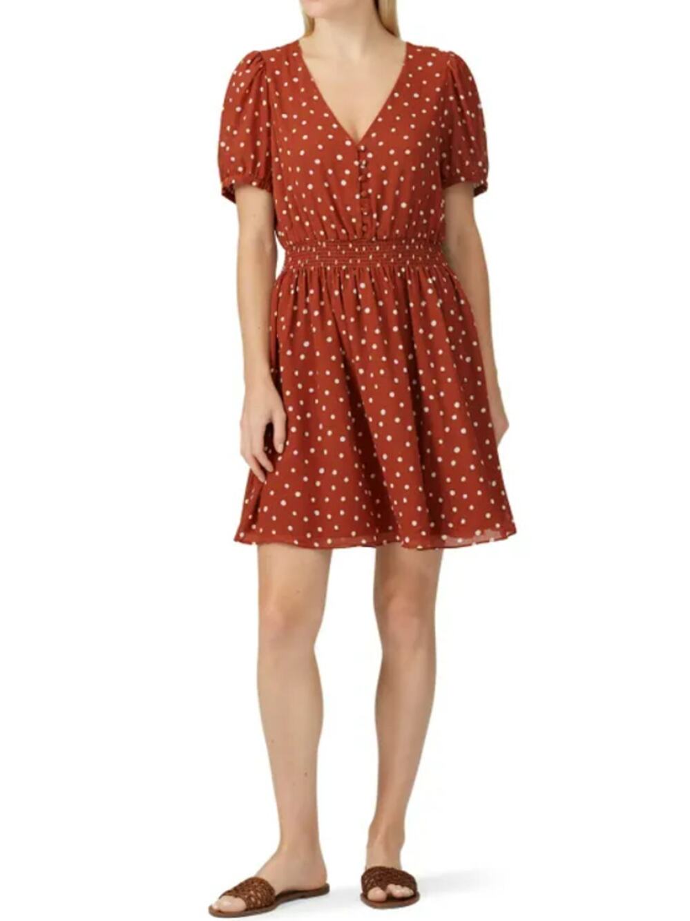Madewell Smocked Waist Mini Dress Polka Dots Puff Sleeves Orange Womens XS